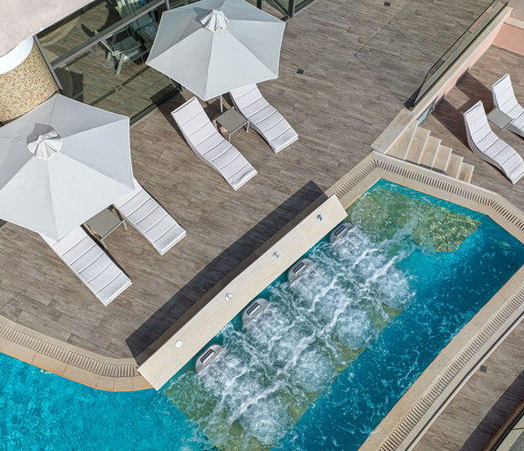 Miraggio Myrthia Thermal Spa sunbeds, umbrellas and thermal beds